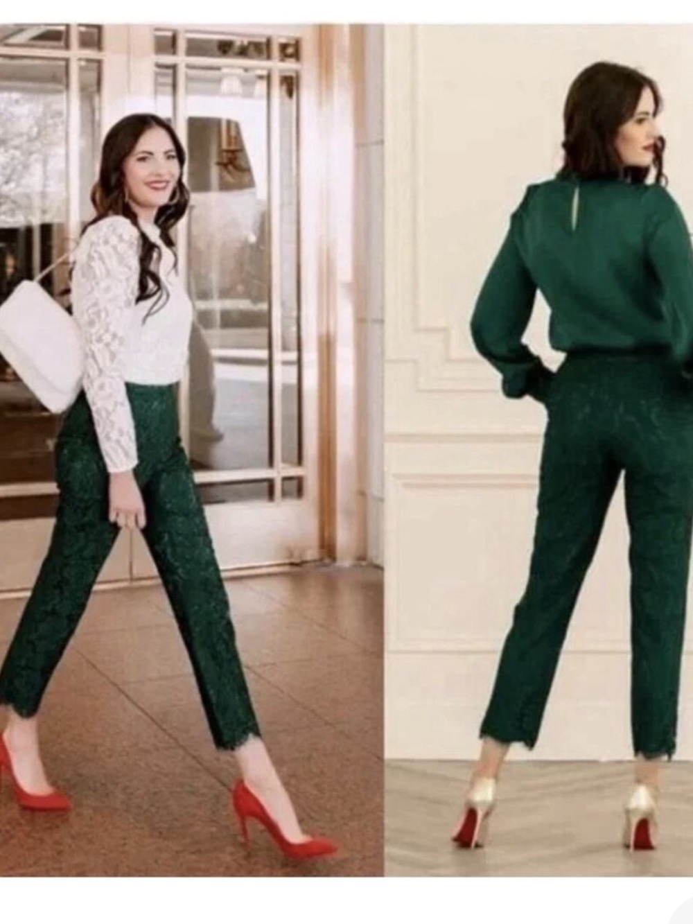 Rachel Parcell trousers emerald green lace overlay tailored cropped luxury pant